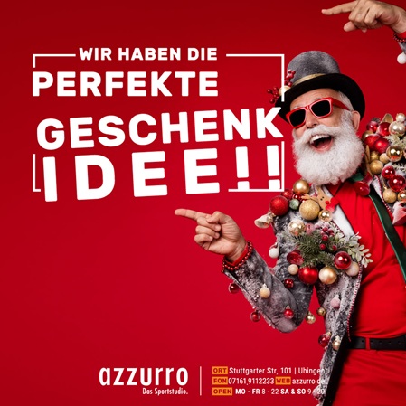 Ein verrückt gekleideter Weihnachtsmann zeigt auf die Schrift "Wir haben die perfekte Geschenkidee"